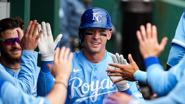 Sep 22, 2022; Kansas City, Missouri, USA; Kansas City Royals center fielder Drew Waters (6) is congratulated by teammates after hitting a home run during the fifth inning against the Minnesota Twins at Kauffman Stadium. Mandatory Credit: Jay Biggerstaff-USA TODAY Sports
